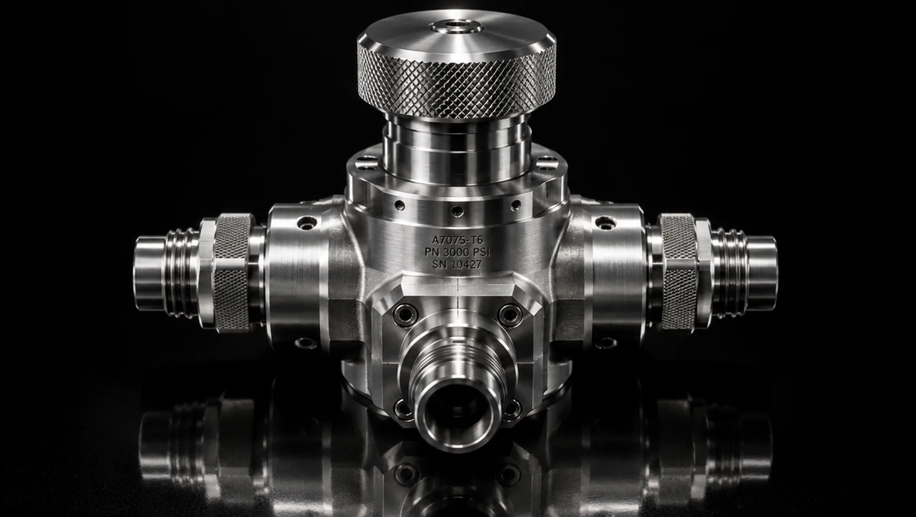 A machined aluminium valve body on black