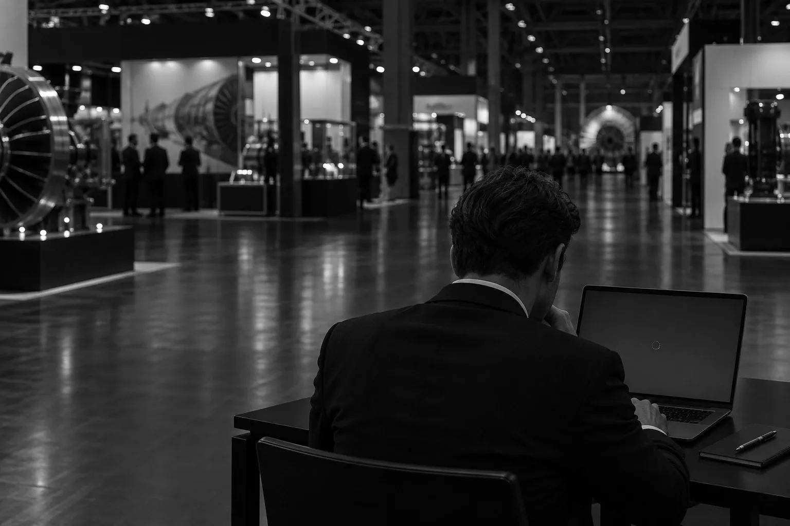 A sourcing manager at a laptop in a trade fair hall