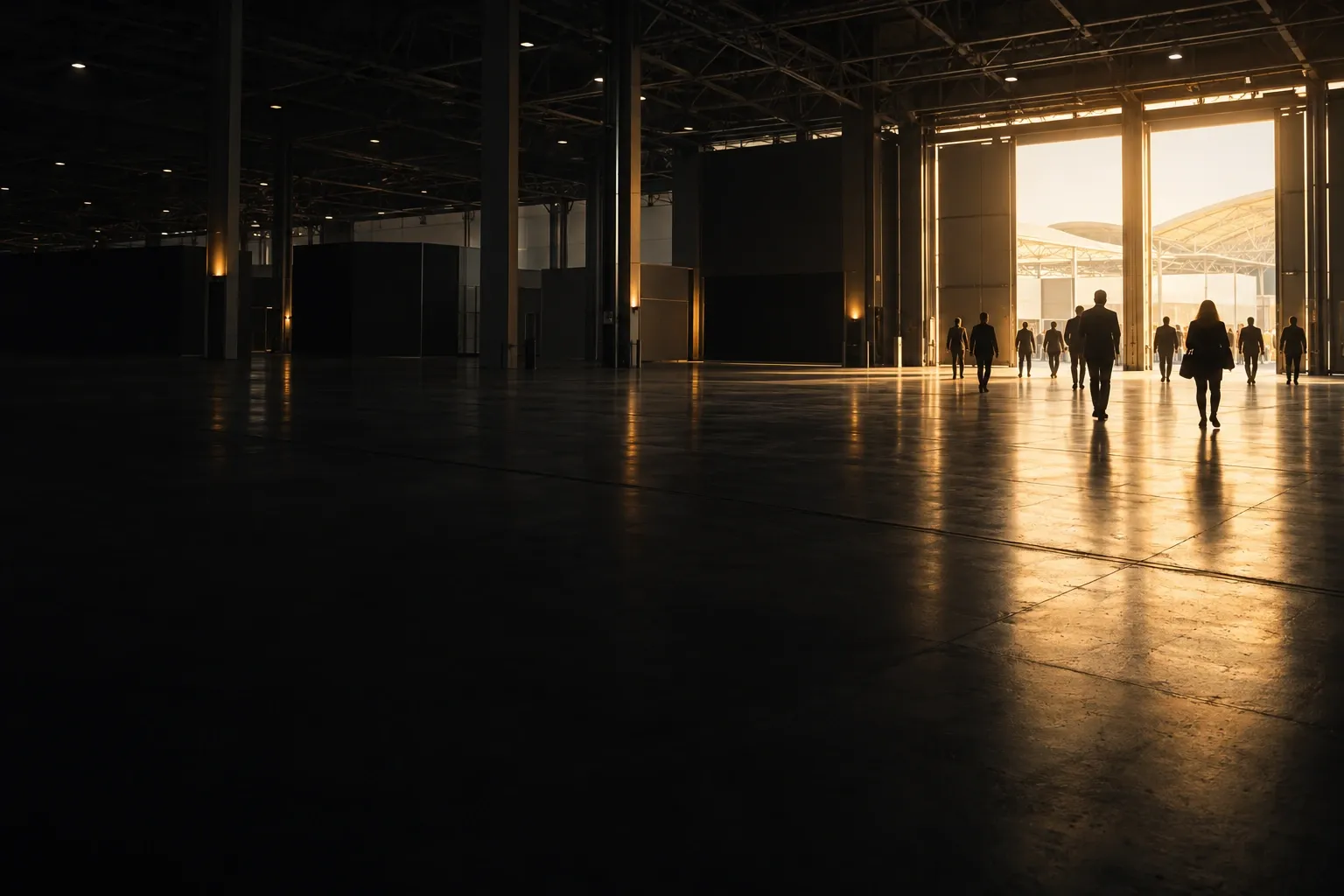 A trade fair hall at opening hour, visitors as backlit silhouettes